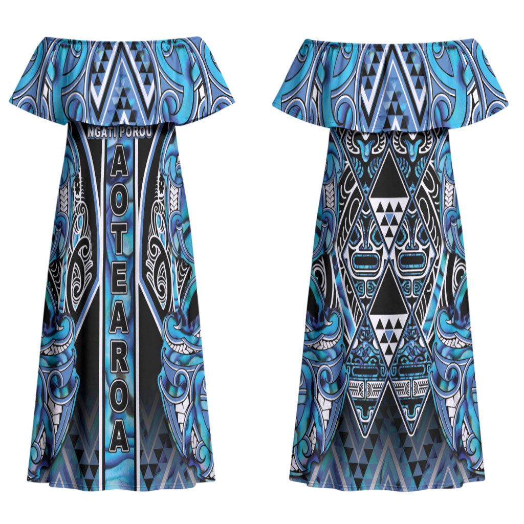 Aotearoa Ngati Porou Couples Matching Off Shoulder Maxi Dress and Long Sleeve Button Shirt Maori Light Blue Tribal Paua Shell Pattern