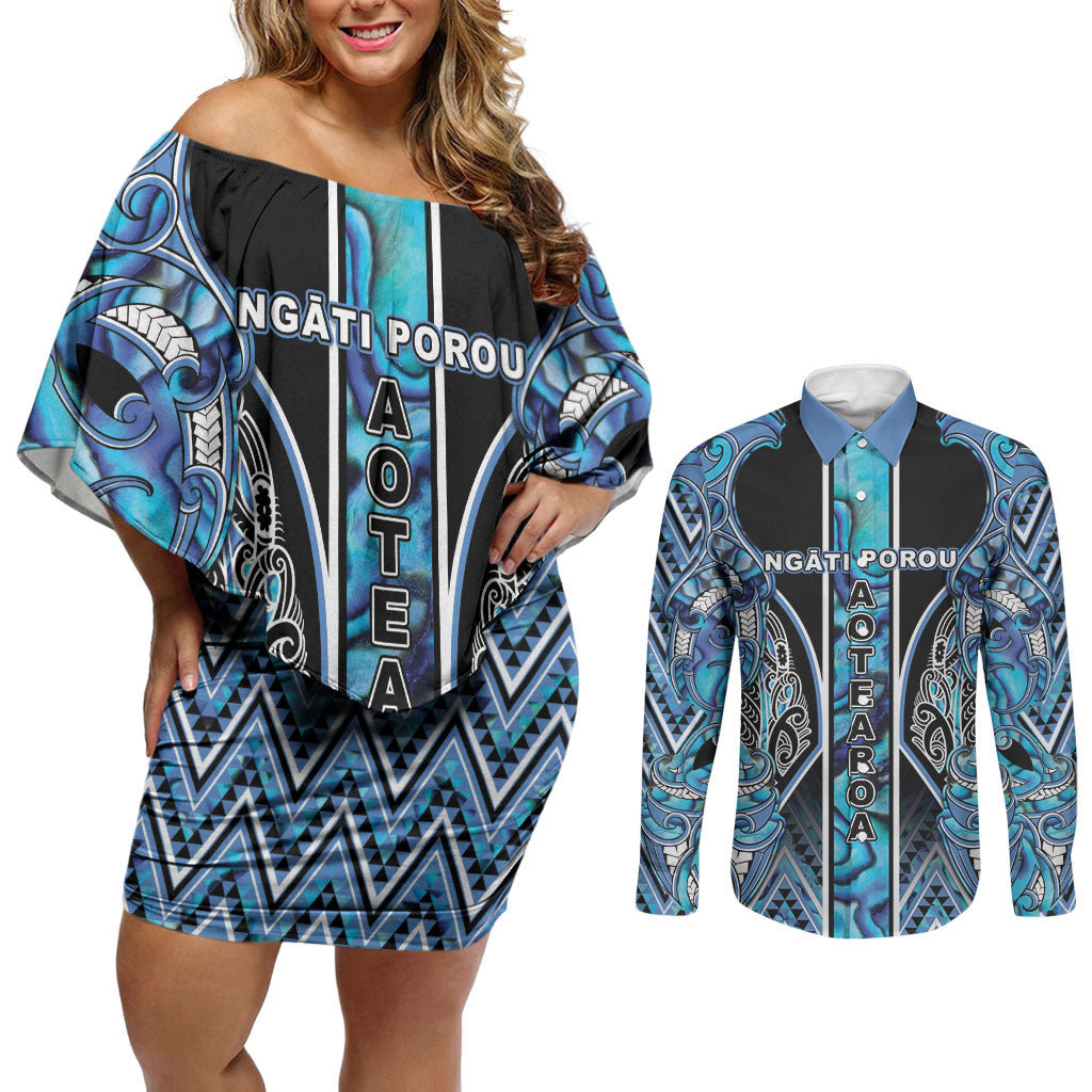 Aotearoa Ngati Porou Couples Matching Off Shoulder Short Dress and Long Sleeve Button Shirt Maori Light Blue Tribal Paua Shell Pattern