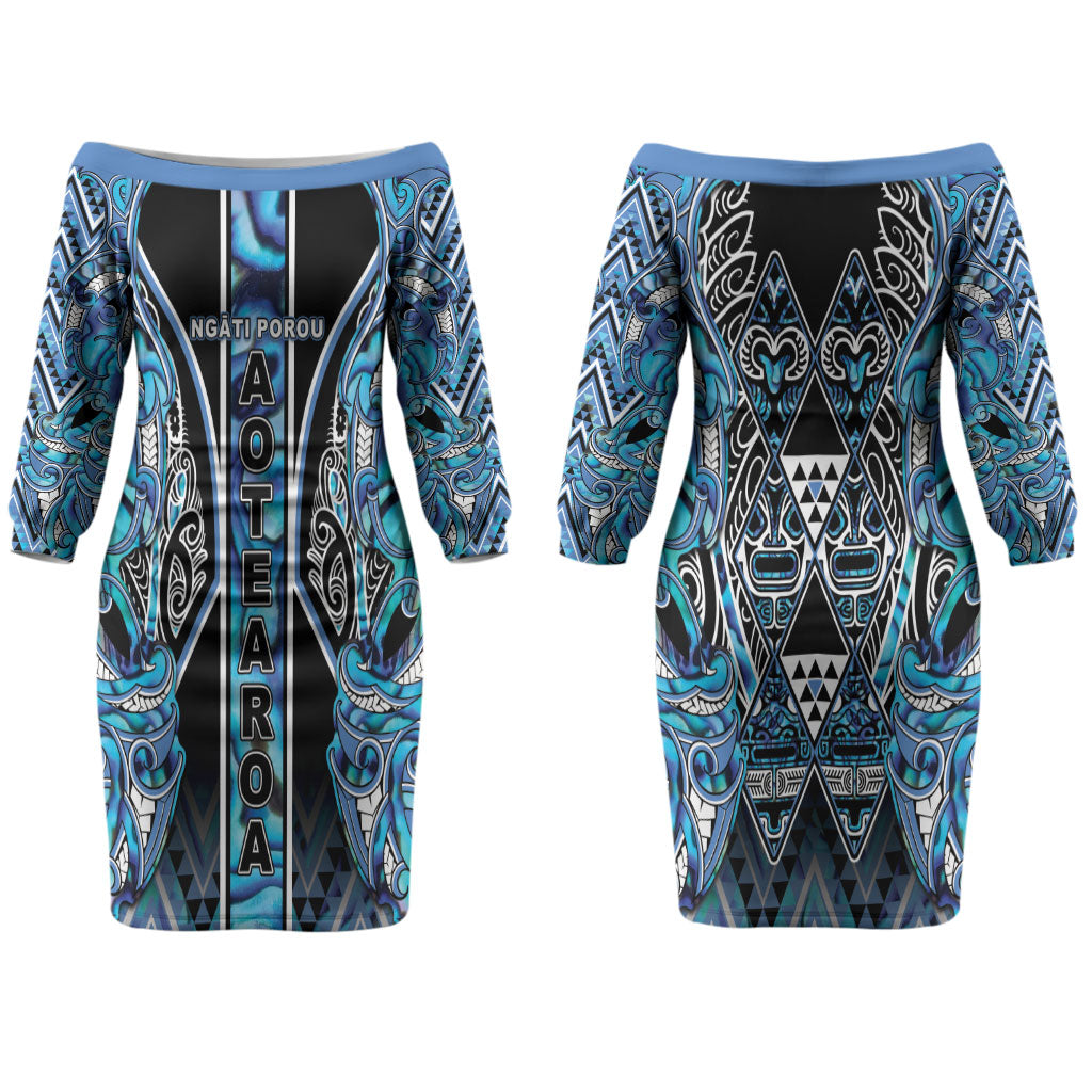 Aotearoa Ngati Porou Couples Matching Off The Shoulder Long Sleeve Dress and Hawaiian Shirt Maori Light Blue Tribal Paua Shell Pattern