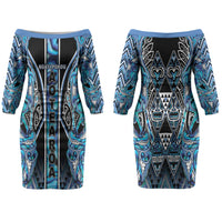 Aotearoa Ngati Porou Couples Matching Off The Shoulder Long Sleeve Dress and Hawaiian Shirt Maori Light Blue Tribal Paua Shell Pattern