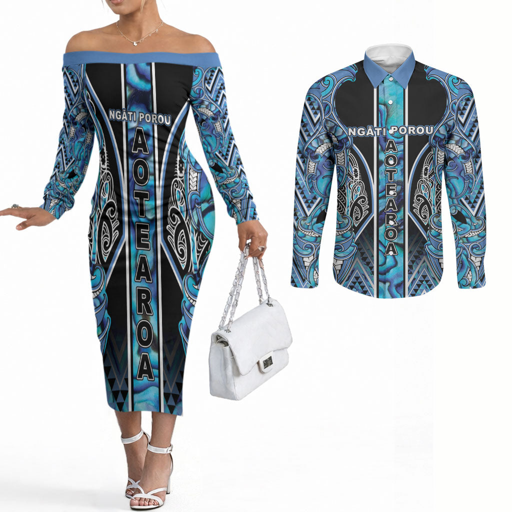 Aotearoa Ngati Porou Couples Matching Off The Shoulder Long Sleeve Dress and Long Sleeve Button Shirt Maori Light Blue Tribal Paua Shell Pattern