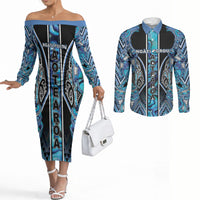 Aotearoa Ngati Porou Couples Matching Off The Shoulder Long Sleeve Dress and Long Sleeve Button Shirt Maori Light Blue Tribal Paua Shell Pattern