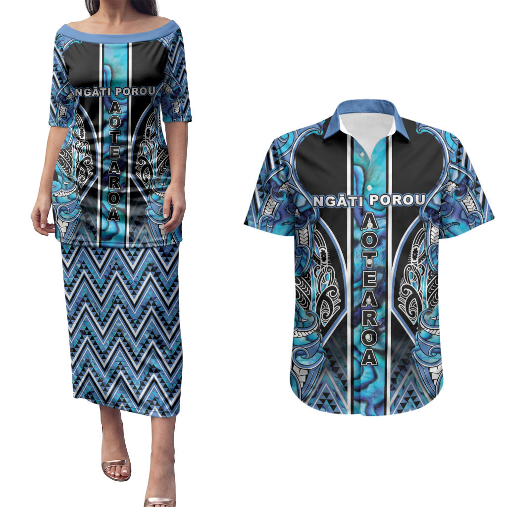 Aotearoa Ngati Porou Couples Matching Puletasi and Hawaiian Shirt Maori Light Blue Tribal Paua Shell Pattern