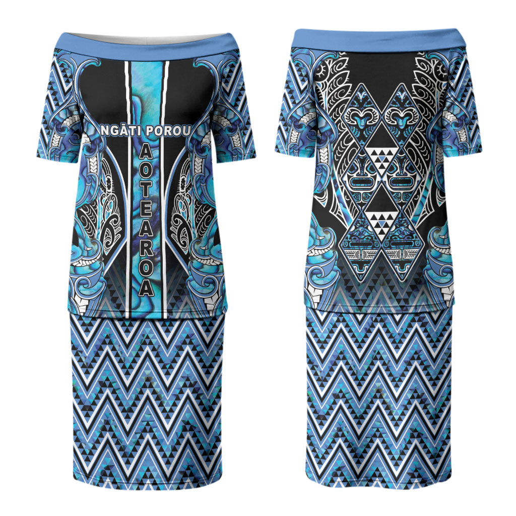 Aotearoa Ngati Porou Couples Matching Puletasi and Hawaiian Shirt Maori Light Blue Tribal Paua Shell Pattern