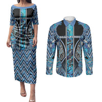 Aotearoa Ngati Porou Couples Matching Puletasi and Long Sleeve Button Shirt Maori Light Blue Tribal Paua Shell Pattern
