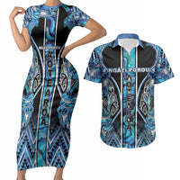 Aotearoa Ngati Porou Couples Matching Short Sleeve Bodycon Dress and Hawaiian Shirt Maori Light Blue Tribal Paua Shell Pattern