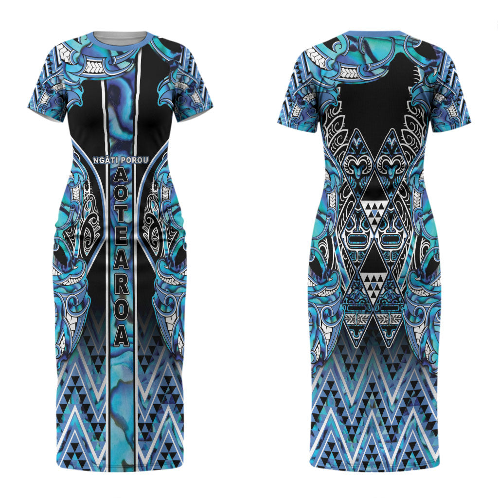Aotearoa Ngati Porou Couples Matching Short Sleeve Bodycon Dress and Long Sleeve Button Shirt Maori Light Blue Tribal Paua Shell Pattern