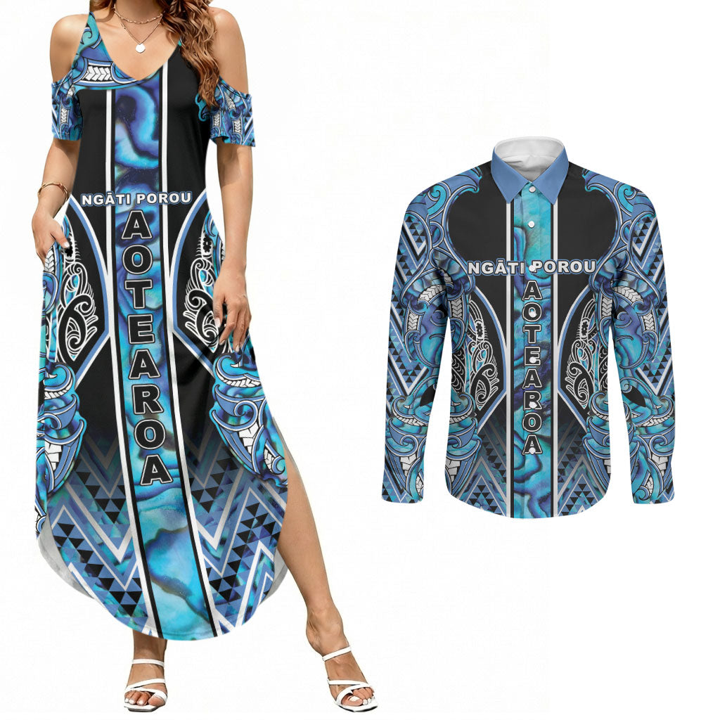 Aotearoa Ngati Porou Couples Matching Summer Maxi Dress and Long Sleeve Button Shirt Maori Light Blue Tribal Paua Shell Pattern