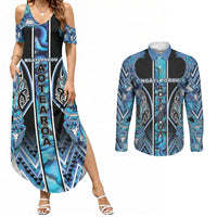 Aotearoa Ngati Porou Couples Matching Summer Maxi Dress and Long Sleeve Button Shirt Maori Light Blue Tribal Paua Shell Pattern