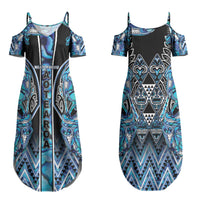Aotearoa Ngati Porou Couples Matching Summer Maxi Dress and Long Sleeve Button Shirt Maori Light Blue Tribal Paua Shell Pattern