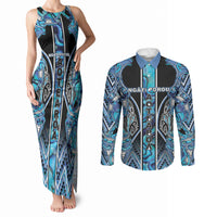 Aotearoa Ngati Porou Couples Matching Tank Maxi Dress and Long Sleeve Button Shirt Maori Light Blue Tribal Paua Shell Pattern