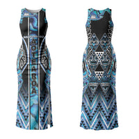 Aotearoa Ngati Porou Couples Matching Tank Maxi Dress and Long Sleeve Button Shirt Maori Light Blue Tribal Paua Shell Pattern