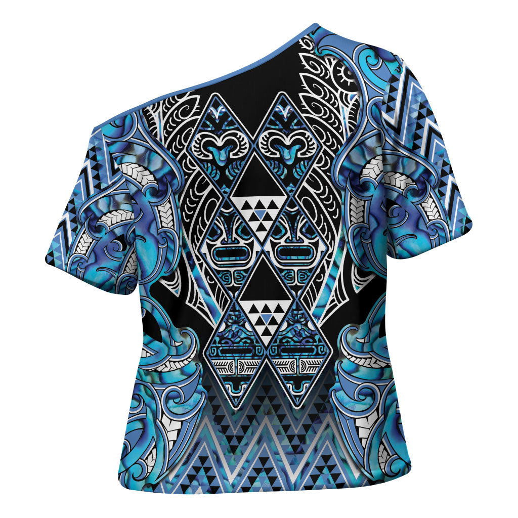 Aotearoa Ngati Porou Cross Shoulder Shirt Maori Light Blue Tribal Paua Shell Pattern