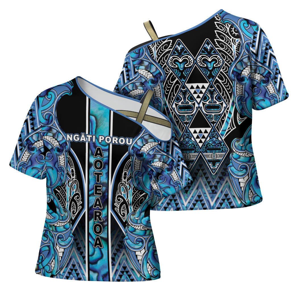 Aotearoa Ngati Porou Cross Shoulder Shirt Maori Light Blue Tribal Paua Shell Pattern