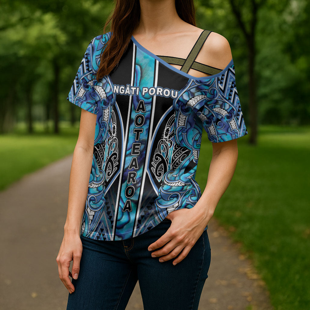 Aotearoa Ngati Porou Cross Shoulder Shirt Maori Light Blue Tribal Paua Shell Pattern