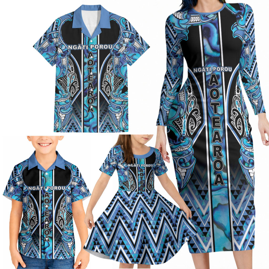 Aotearoa Ngati Porou Family Matching Long Sleeve Bodycon Dress and Hawaiian Shirt Maori Light Blue Tribal Paua Shell Pattern
