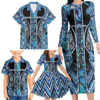 Aotearoa Ngati Porou Family Matching Long Sleeve Bodycon Dress and Hawaiian Shirt Maori Light Blue Tribal Paua Shell Pattern