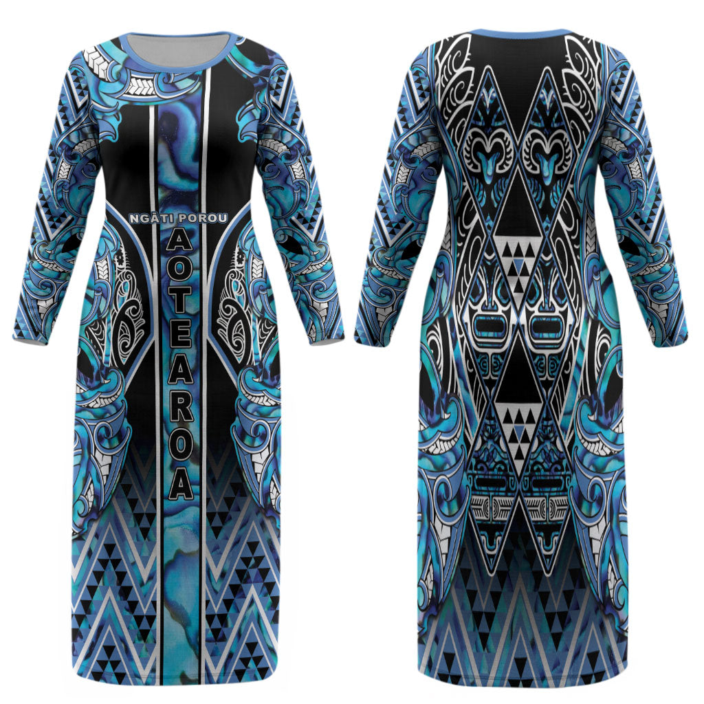 Aotearoa Ngati Porou Family Matching Long Sleeve Bodycon Dress and Hawaiian Shirt Maori Light Blue Tribal Paua Shell Pattern