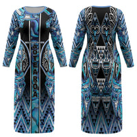 Aotearoa Ngati Porou Family Matching Long Sleeve Bodycon Dress and Hawaiian Shirt Maori Light Blue Tribal Paua Shell Pattern