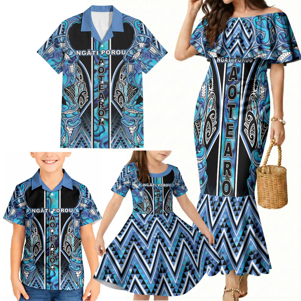 Aotearoa Ngati Porou Family Matching Mermaid Dress and Hawaiian Shirt Maori Light Blue Tribal Paua Shell Pattern DT05 - Polynesian Pride