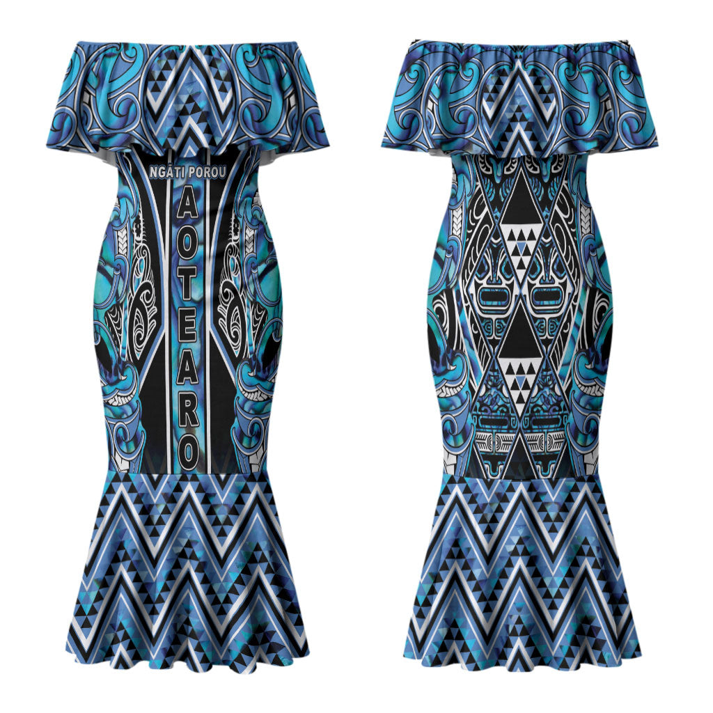 Aotearoa Ngati Porou Family Matching Mermaid Dress and Hawaiian Shirt Maori Light Blue Tribal Paua Shell Pattern