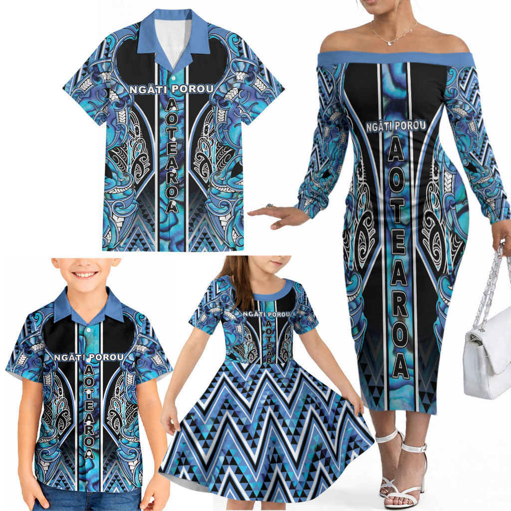 Aotearoa Ngati Porou Family Matching Off The Shoulder Long Sleeve Dress and Hawaiian Shirt Maori Light Blue Tribal Paua Shell Pattern DT05 - Polynesian Pride