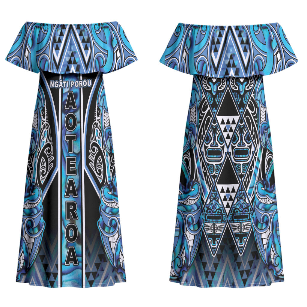 Aotearoa Ngati Porou Family Matching Off Shoulder Maxi Dress and Hawaiian Shirt Maori Light Blue Tribal Paua Shell Pattern