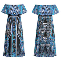 Aotearoa Ngati Porou Family Matching Off Shoulder Maxi Dress and Hawaiian Shirt Maori Light Blue Tribal Paua Shell Pattern