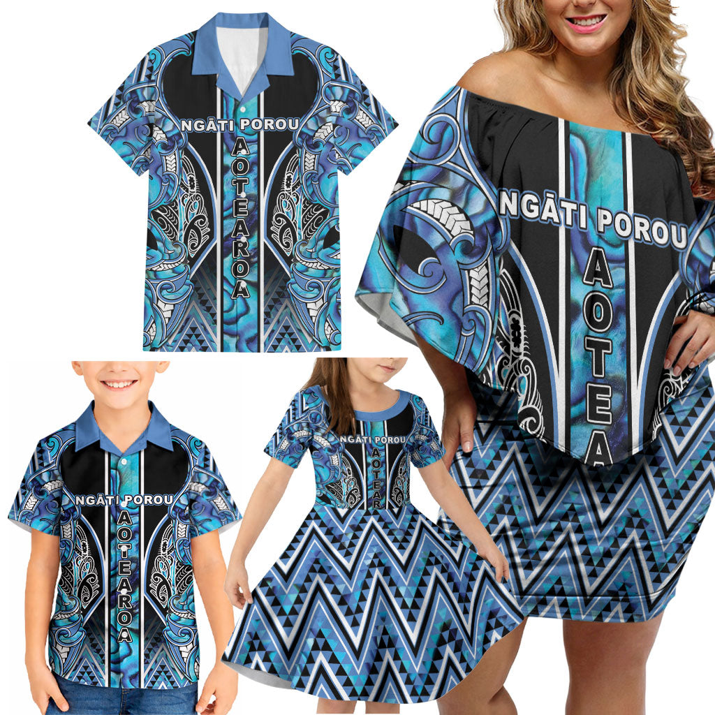 Aotearoa Ngati Porou Family Matching Off Shoulder Short Dress and Hawaiian Shirt Maori Light Blue Tribal Paua Shell Pattern