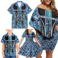 Aotearoa Ngati Porou Family Matching Off Shoulder Short Dress and Hawaiian Shirt Maori Light Blue Tribal Paua Shell Pattern