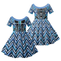 Aotearoa Ngati Porou Family Matching Off Shoulder Short Dress and Hawaiian Shirt Maori Light Blue Tribal Paua Shell Pattern