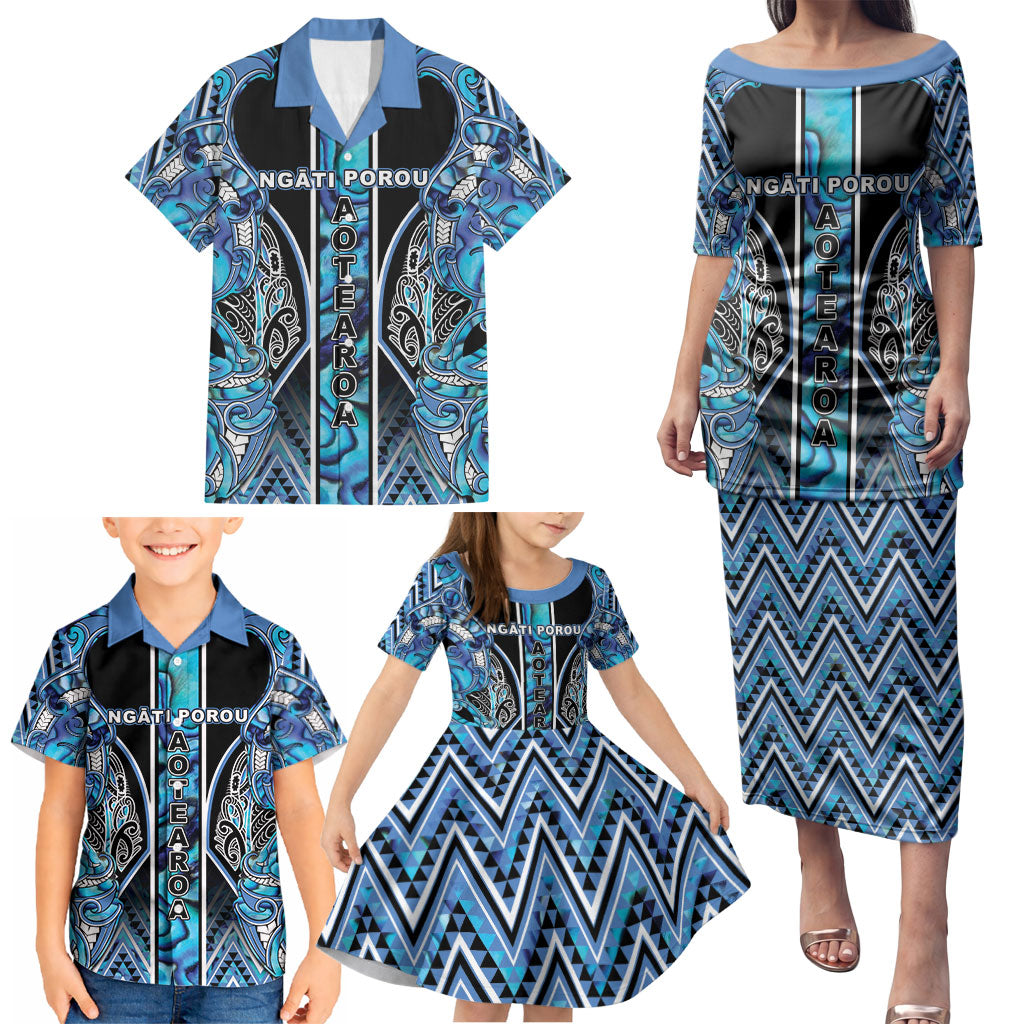 Aotearoa Ngati Porou Family Matching Puletasi and Hawaiian Shirt Maori Light Blue Tribal Paua Shell Pattern