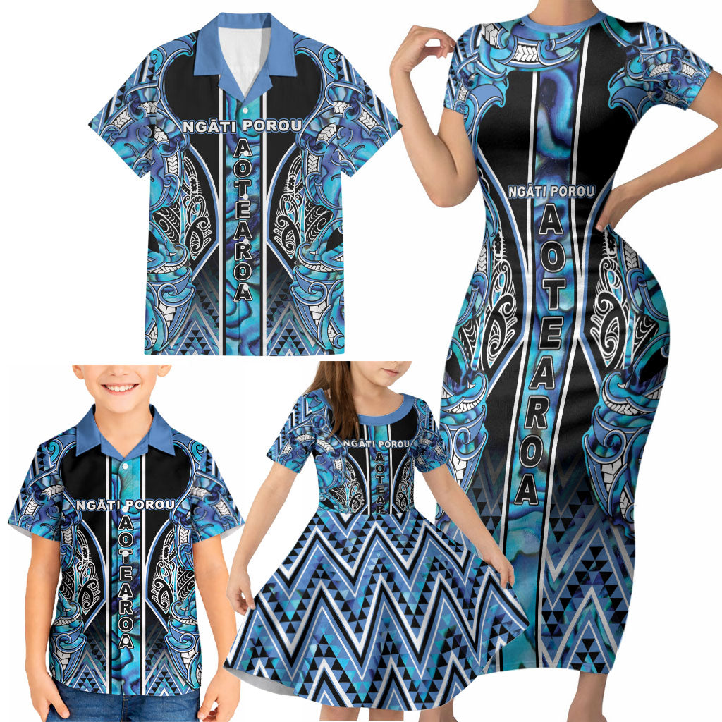 Aotearoa Ngati Porou Family Matching Short Sleeve Bodycon Dress and Hawaiian Shirt Maori Light Blue Tribal Paua Shell Pattern