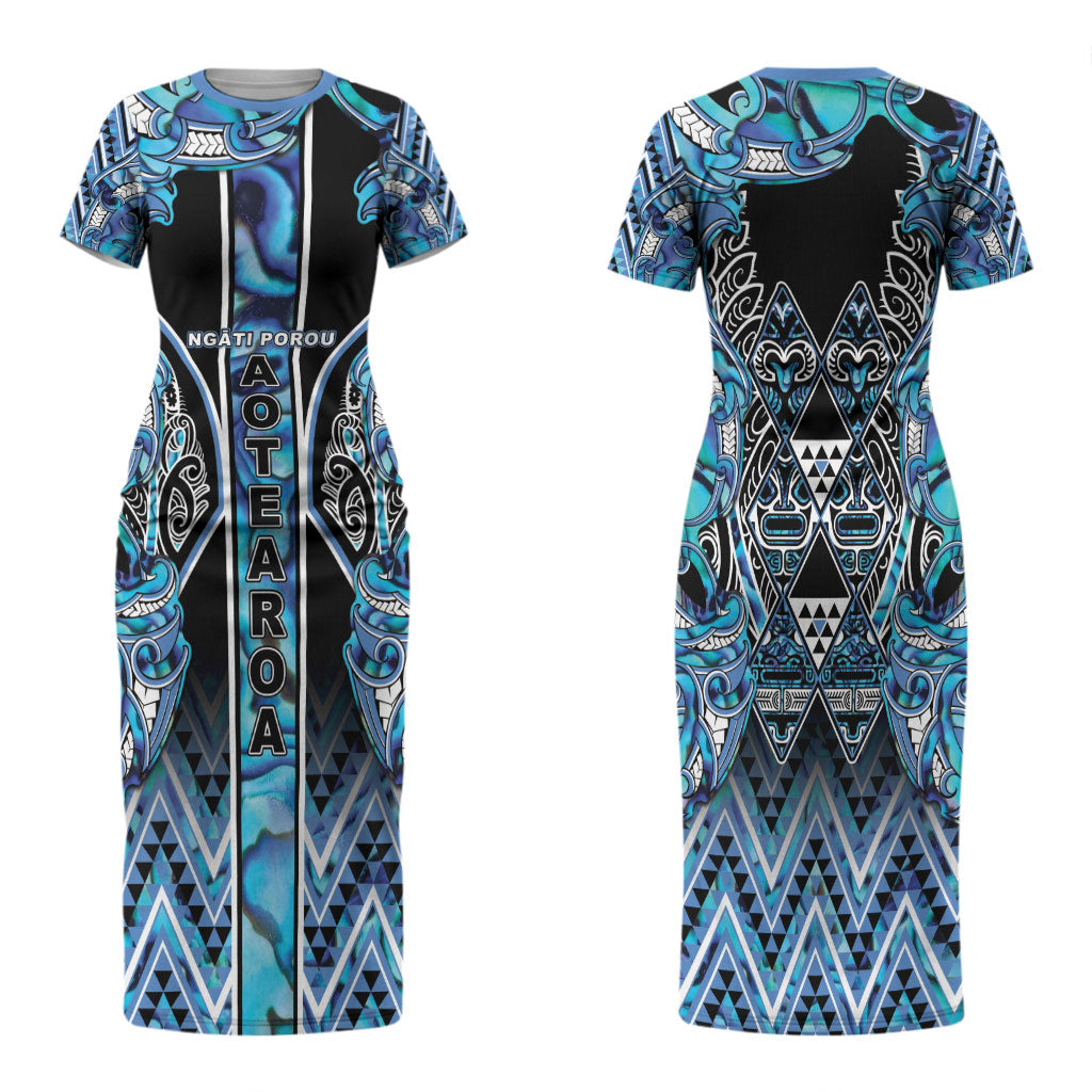 Aotearoa Ngati Porou Family Matching Short Sleeve Bodycon Dress and Hawaiian Shirt Maori Light Blue Tribal Paua Shell Pattern