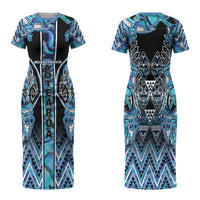 Aotearoa Ngati Porou Family Matching Short Sleeve Bodycon Dress and Hawaiian Shirt Maori Light Blue Tribal Paua Shell Pattern