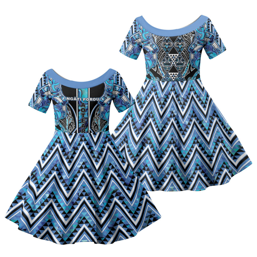 Aotearoa Ngati Porou Family Matching Short Sleeve Bodycon Dress and Hawaiian Shirt Maori Light Blue Tribal Paua Shell Pattern