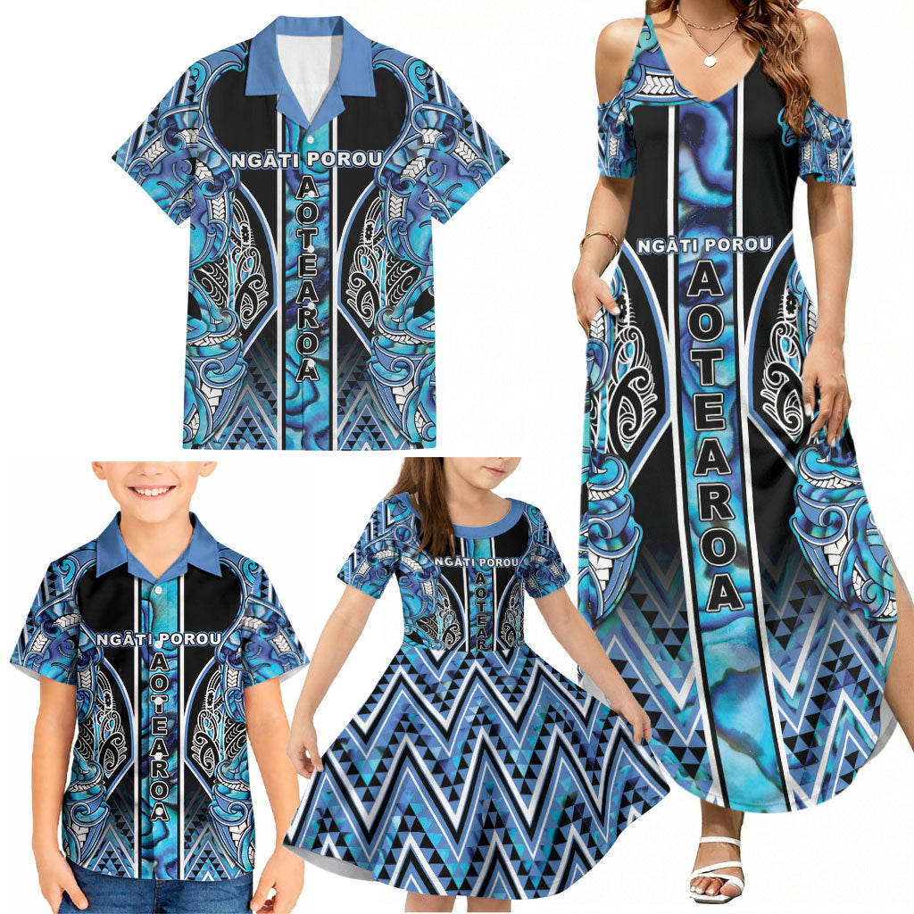 Aotearoa Ngati Porou Family Matching Summer Maxi Dress and Hawaiian Shirt Maori Light Blue Tribal Paua Shell Pattern