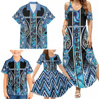 Aotearoa Ngati Porou Family Matching Summer Maxi Dress and Hawaiian Shirt Maori Light Blue Tribal Paua Shell Pattern