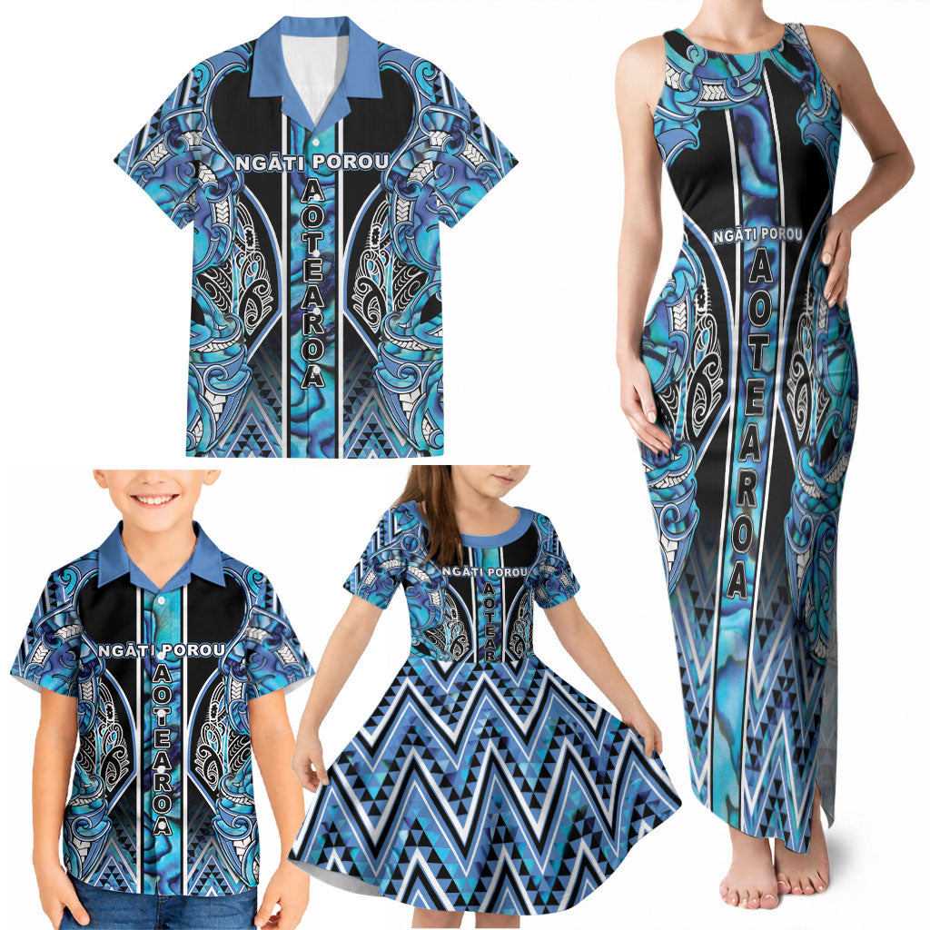 Aotearoa Ngati Porou Family Matching Tank Maxi Dress and Hawaiian Shirt Maori Light Blue Tribal Paua Shell Pattern DT05 - Polynesian Pride