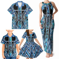 Aotearoa Ngati Porou Family Matching Tank Maxi Dress and Hawaiian Shirt Maori Light Blue Tribal Paua Shell Pattern