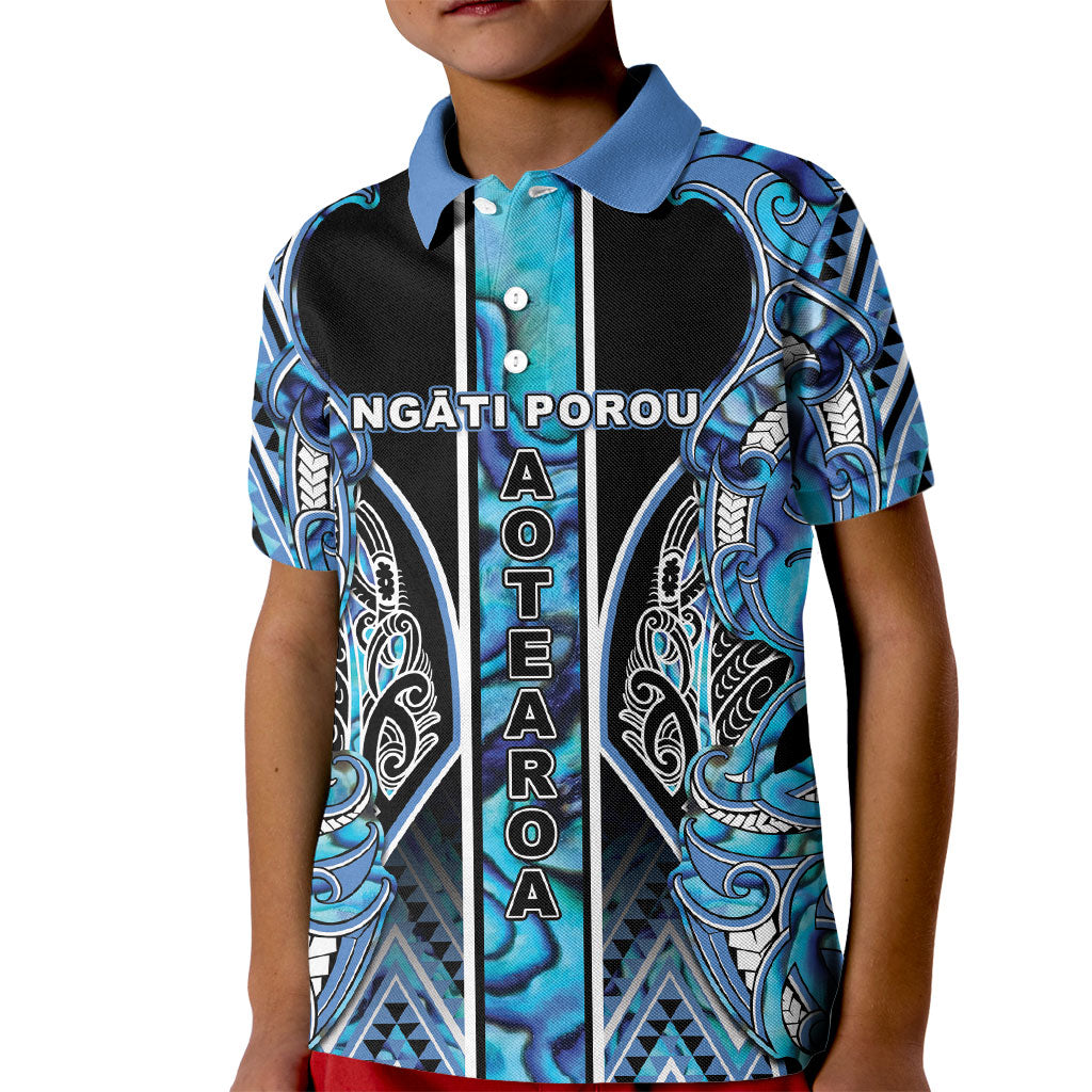 Aotearoa Ngati Porou Kid Polo Shirt Maori Light Blue Tribal Paua Shell Pattern