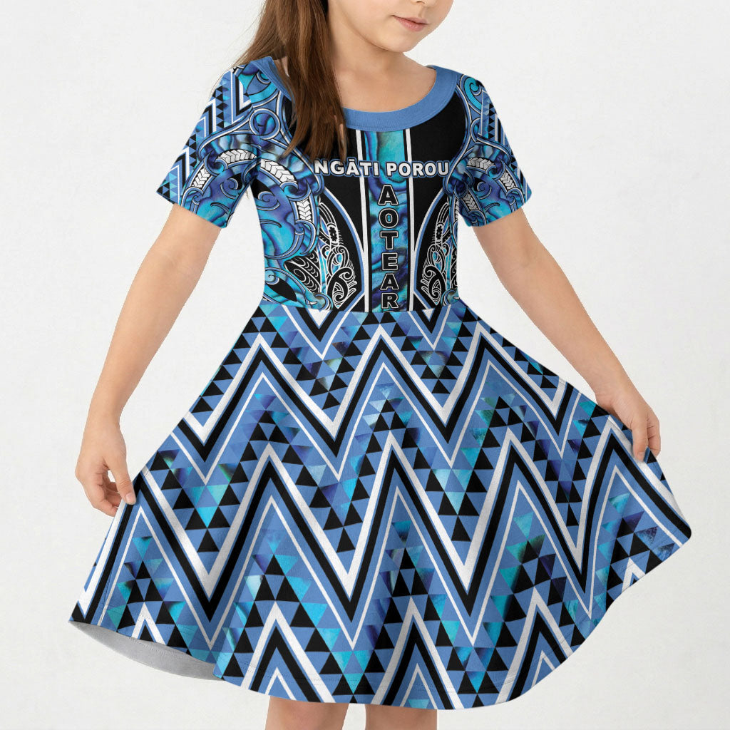 Aotearoa Ngati Porou Kid Short Sleeve Dress Maori Light Blue Tribal Paua Shell Pattern