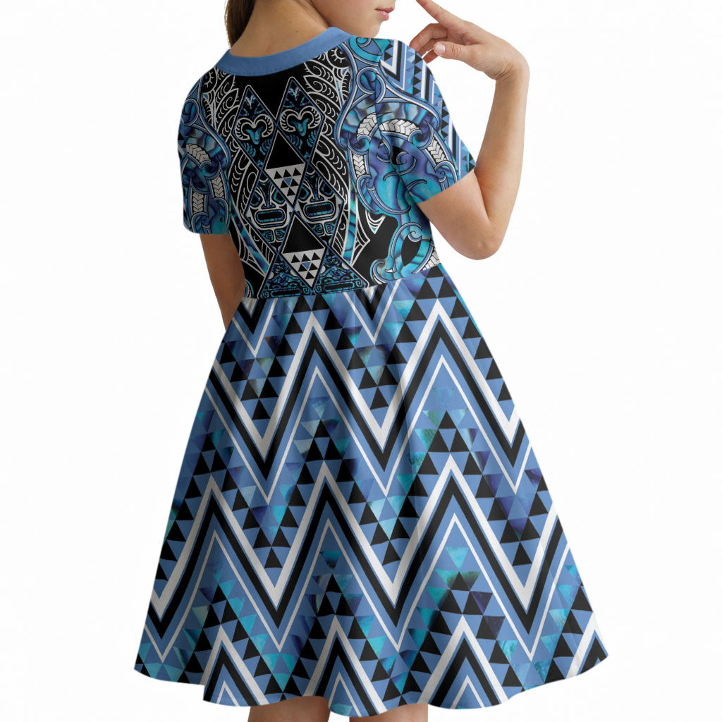 Aotearoa Ngati Porou Kid Short Sleeve Dress Maori Light Blue Tribal Paua Shell Pattern