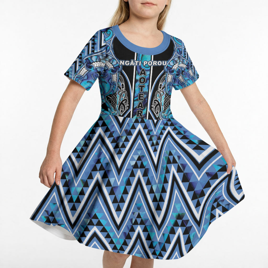 Aotearoa Ngati Porou Kid Short Sleeve Dress Maori Light Blue Tribal Paua Shell Pattern