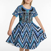 Aotearoa Ngati Porou Kid Short Sleeve Dress Maori Light Blue Tribal Paua Shell Pattern