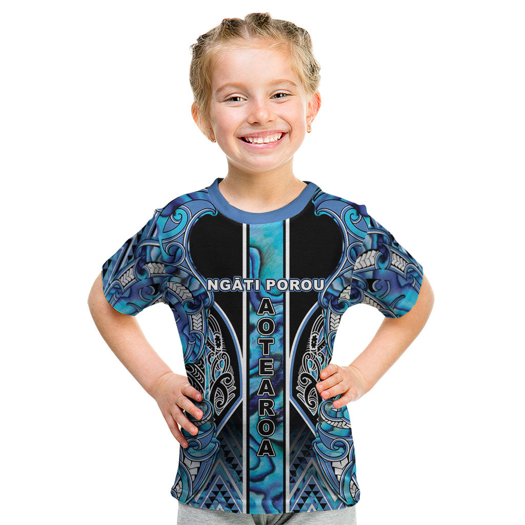 Aotearoa Ngati Porou Kid T Shirt Maori Light Blue Tribal Paua Shell Pattern