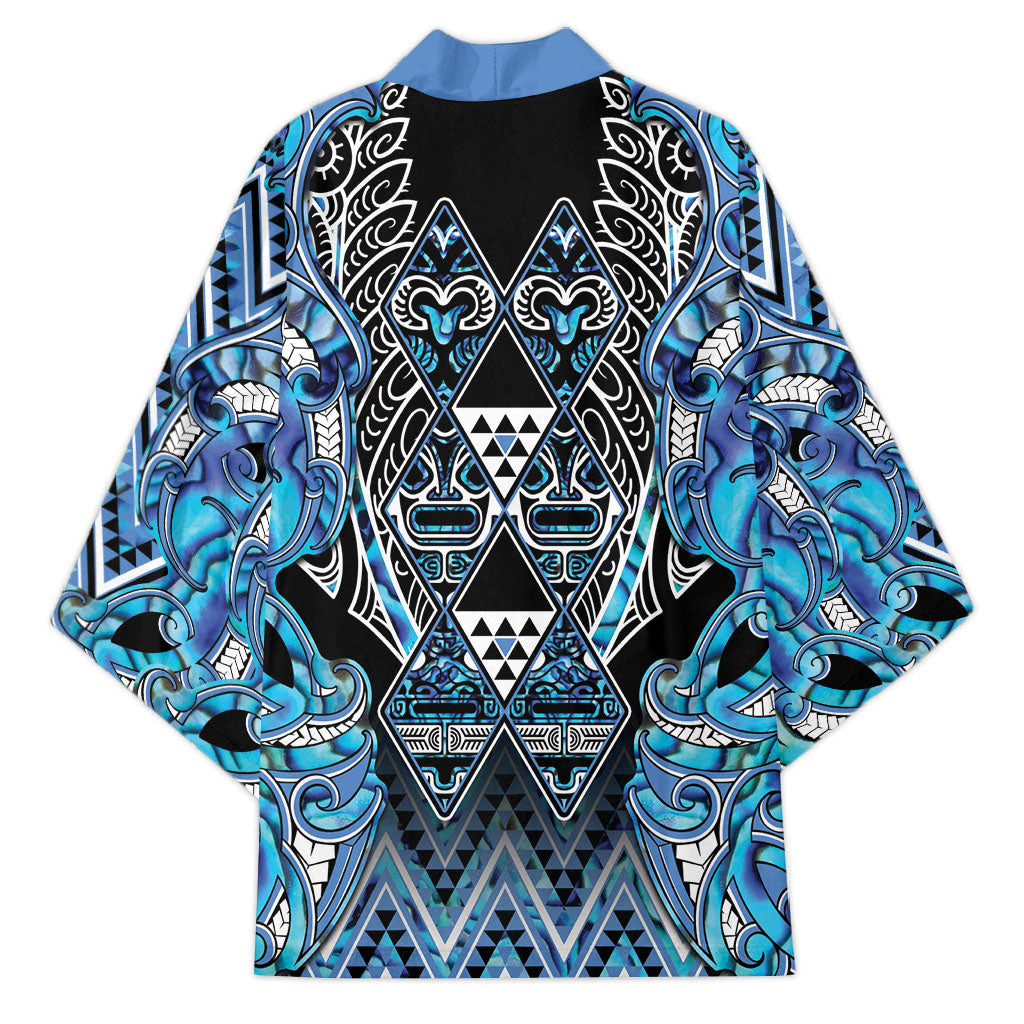 Aotearoa Ngati Porou Kimono Maori Light Blue Tribal Paua Shell Pattern