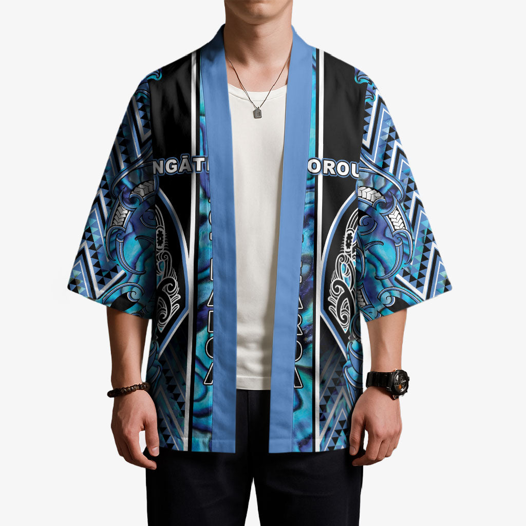 Aotearoa Ngati Porou Kimono Maori Light Blue Tribal Paua Shell Pattern