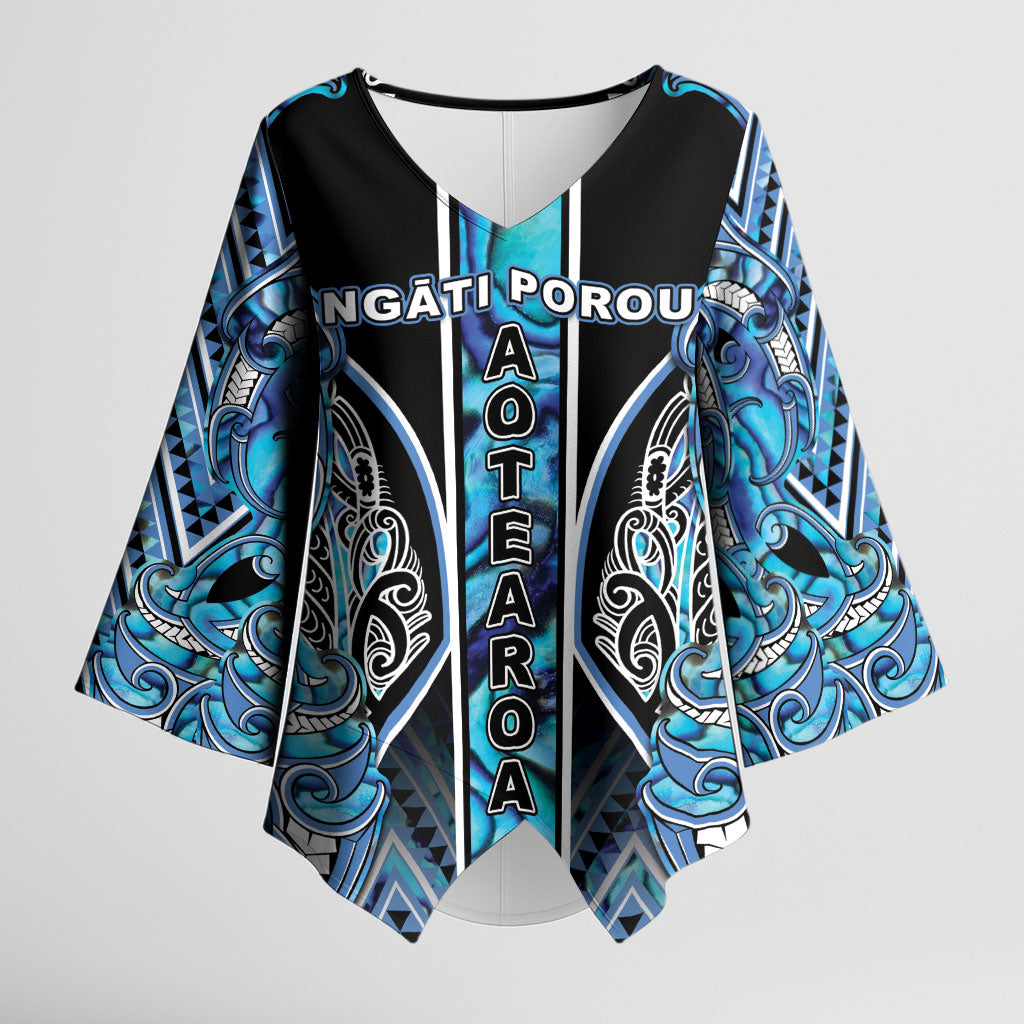 Aotearoa Ngati Porou Kimono Sleeve Blouse Maori Light Blue Tribal Paua Shell Pattern