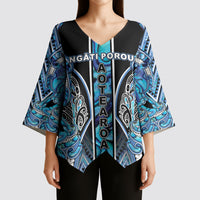 Aotearoa Ngati Porou Kimono Sleeve Blouse Maori Light Blue Tribal Paua Shell Pattern